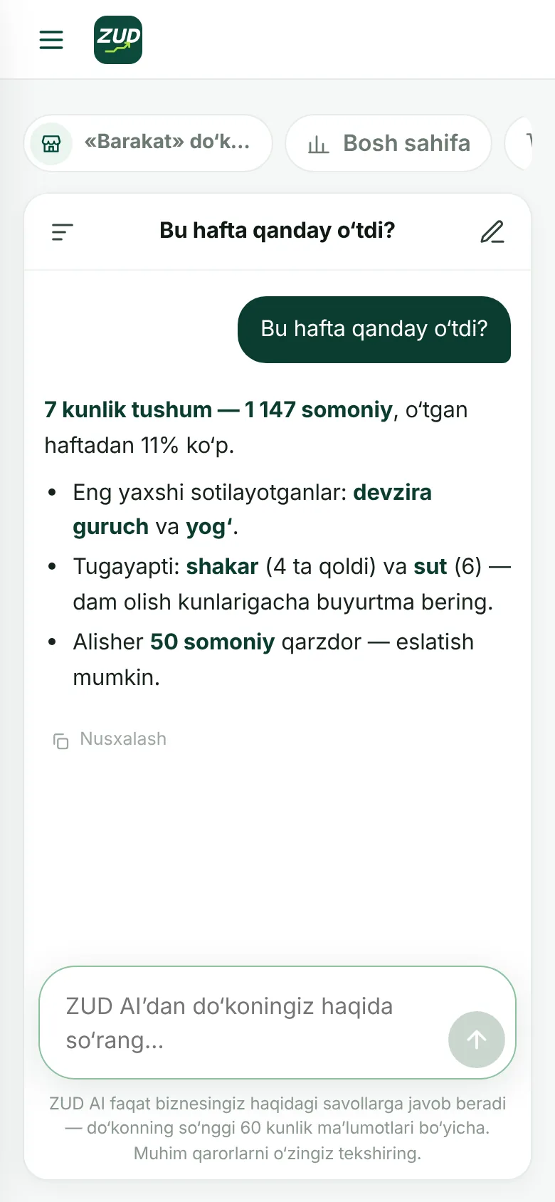 ZUD AI do‘kon egasining savoliga javob bermoqda